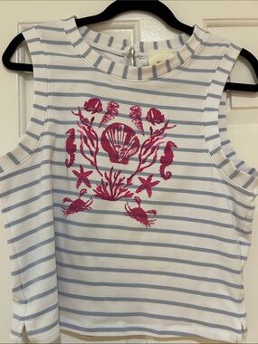 Anthropologie Maeve Striped Nautical Tank with Pink Sea Life Print